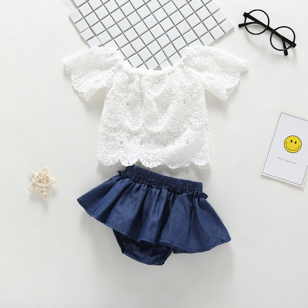 Lace Top with Denim Skirt Set