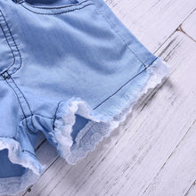Load image into Gallery viewer, Harriette Lace Denim Shorts with Floral Top
