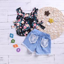 Load image into Gallery viewer, Harriette Lace Denim Shorts with Floral Top
